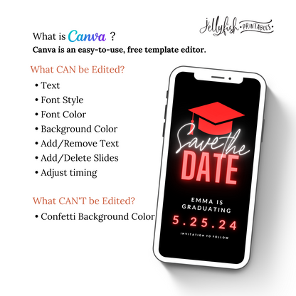 Neon Red Graduation Save the date. Animated Canva Template for texting.  Send it out today!