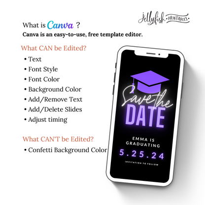 Neon Purple Graduation Save the date. Animated Canva Template for texting.  Send it out today!