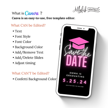 Neon Pink Graduation Save the date. Animated Canva Template for texting.  Send it out today!