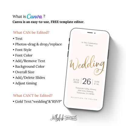 Simple Wedding Invitation Video Canva Template in Blush and Gold. Send Today!