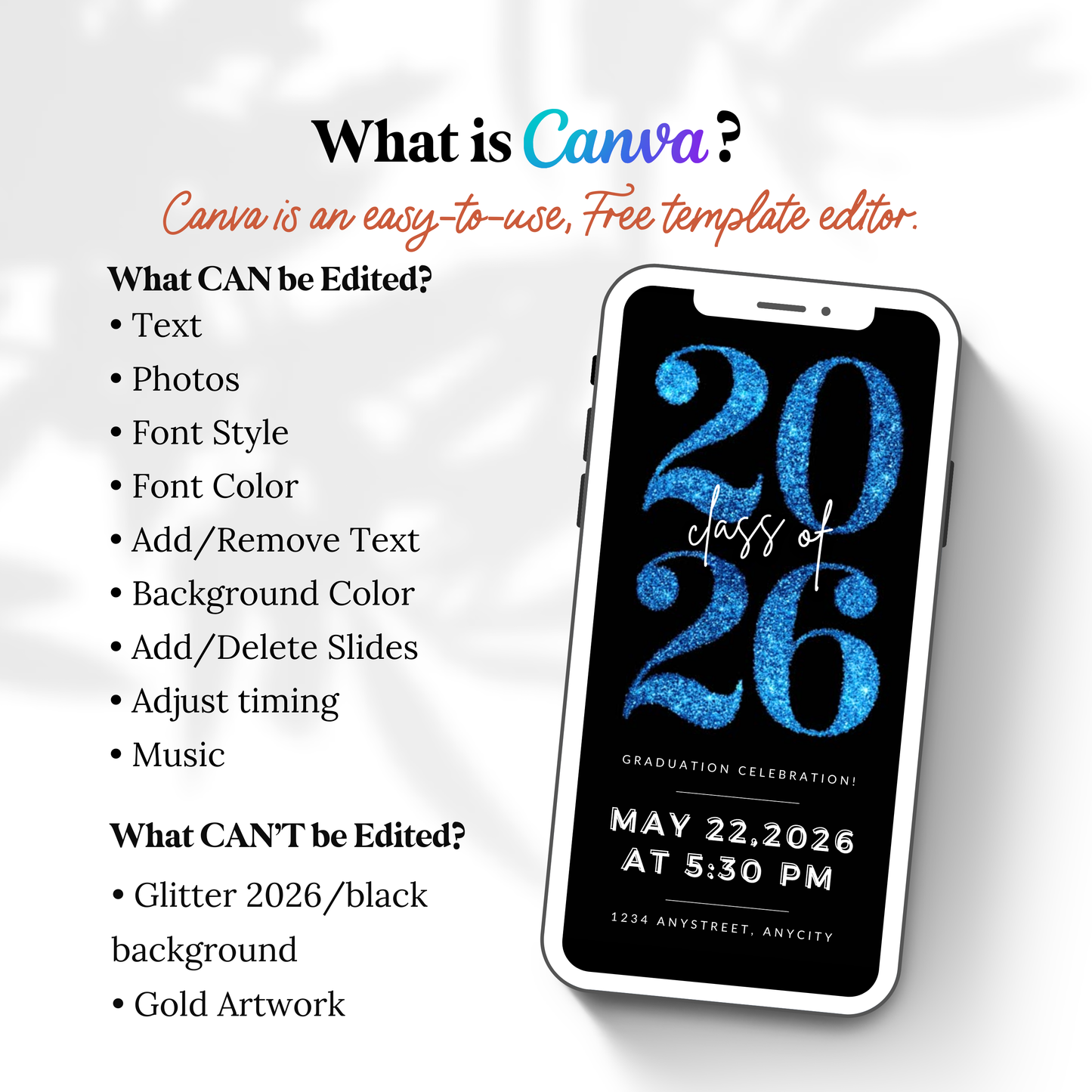 Blue Sparkle Graduation Video Invitation | Animated Editable Canva Template | Class of 2026 Text & Email Invite