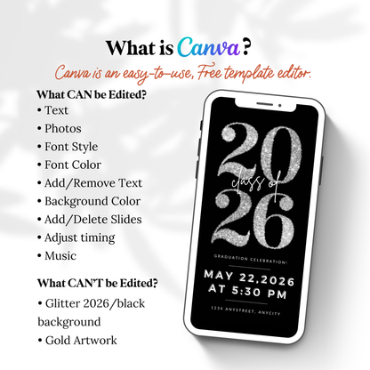 Silver Glitter Graduation Invite Video | Editable Animated Canva Template | Class of 2026 Digital Invitation