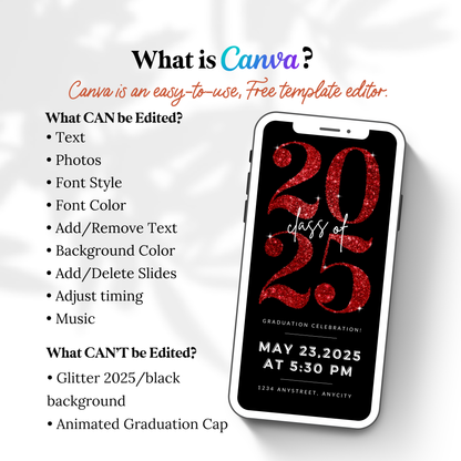 Red Glitter Graduation Invitation Video | Class of 2025 Sparkle Canva Template | Editable Animated Digital Invite
