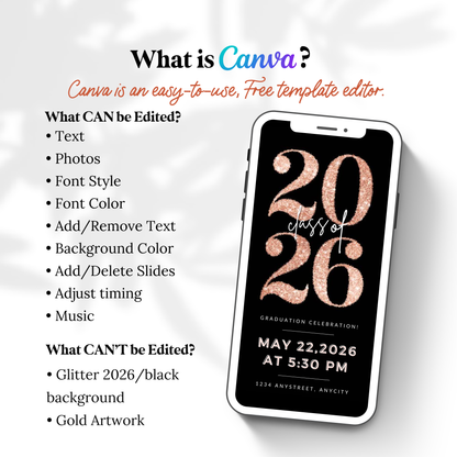 Rose Gold Glitter Graduation Invite Video | Editable Canva Template | Animated Class of 2026 Digital Invitation