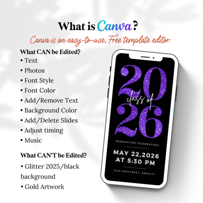 Purple Glitter Graduation Invitation Video | Canva Editable Class of 2026 Template | Digital Invite to Share