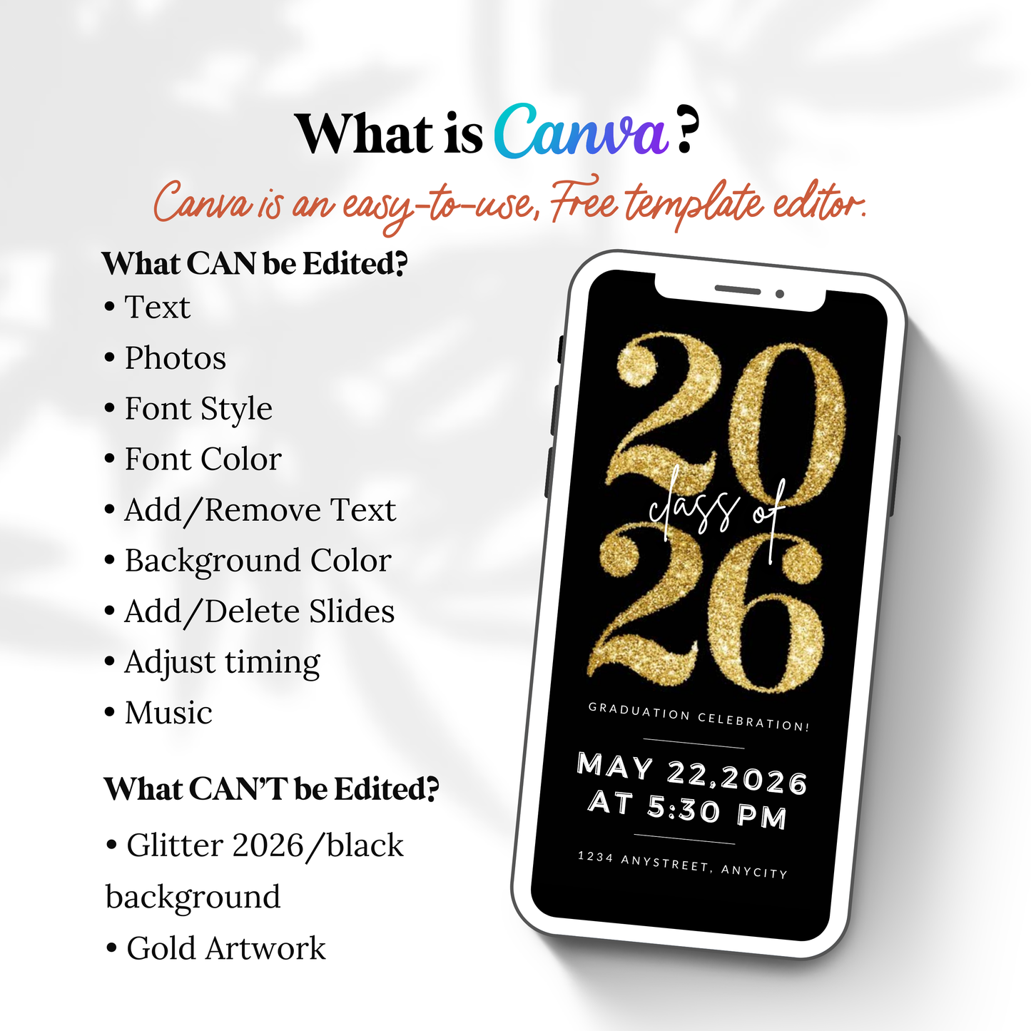 Gold Glitter Graduation Invite Video | Editable Canva Template | Sparkle Animated Class of 2026 Digital Invitation