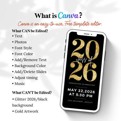 Gold Glitter Graduation Invite Video | Editable Canva Template | Sparkle Animated Class of 2026 Digital Invitation