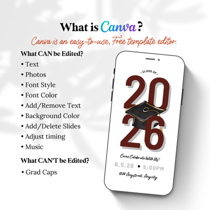 Classic 2026 Graduation Video Invitation | Maroon and White Animated Canva Template | Editable Digital Invite