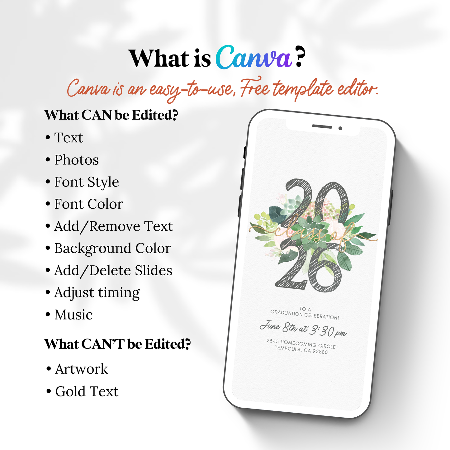 Succulent Class of 2025 Graduation Invitation | Editable Floral Canva Video Template | Animated Grad Party Invite