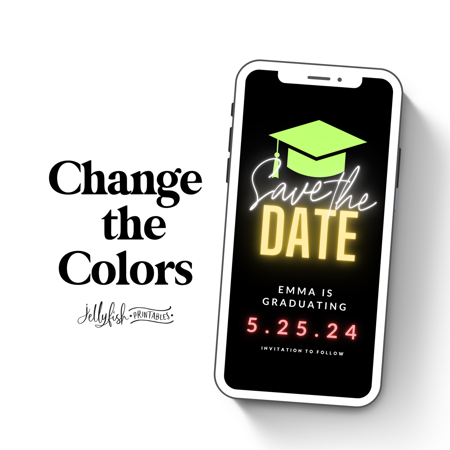 Neon Green Animated Canva Template for texting. Graduation Save the date. Send it out today!