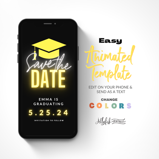 Yellow Animated Canva Template for texting. Graduation Save the date. Send it out today!