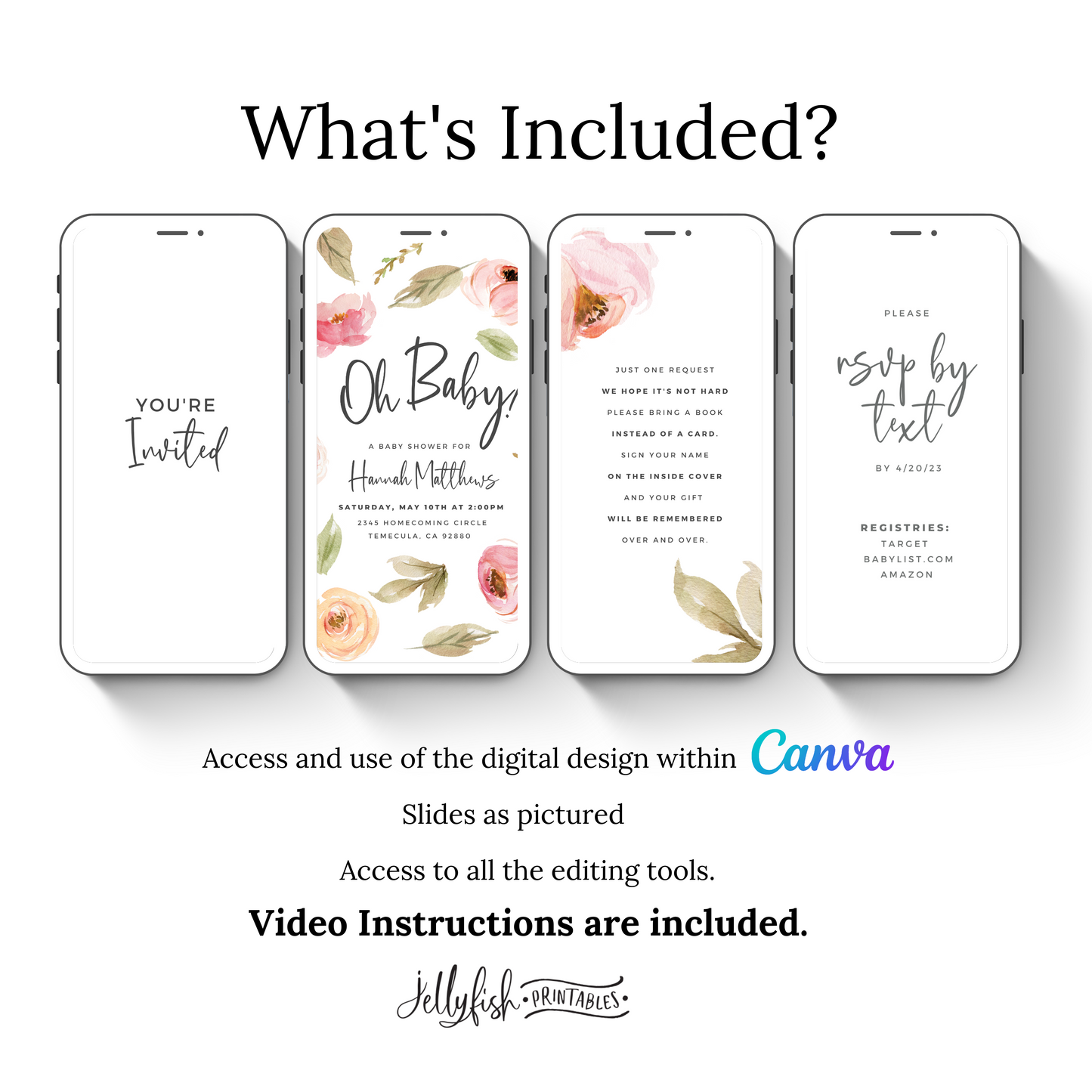 Oh Baby Floral Baby Shower Invitation | Animated Canva Template | Editable Video Invite for Text or Email | Digital Download