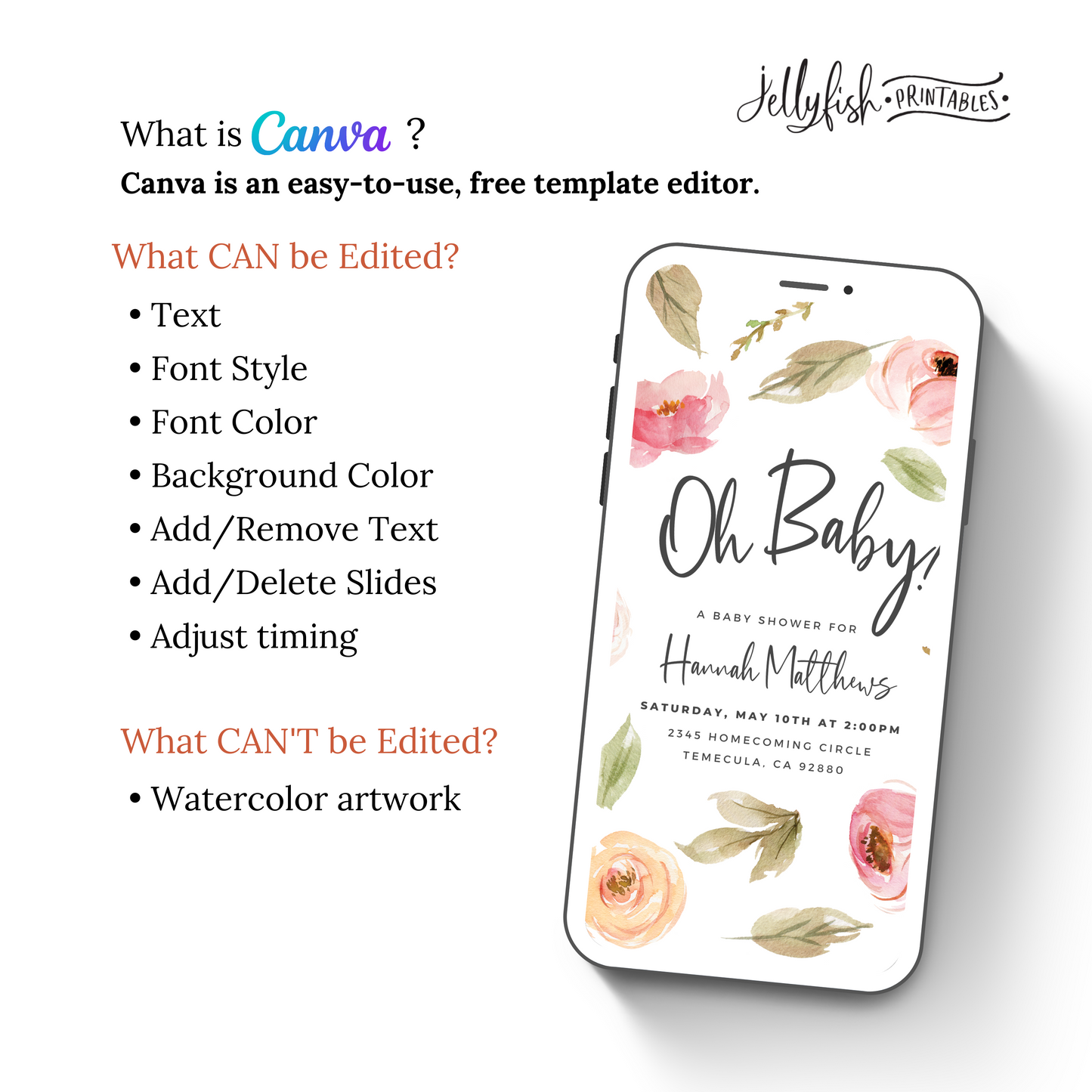 Oh Baby Floral Baby Shower Invitation | Animated Canva Template | Editable Video Invite for Text or Email | Digital Download