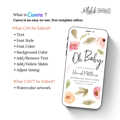 Oh Baby Floral Baby Shower Invitation | Animated Canva Template | Editable Video Invite for Text or Email | Digital Download