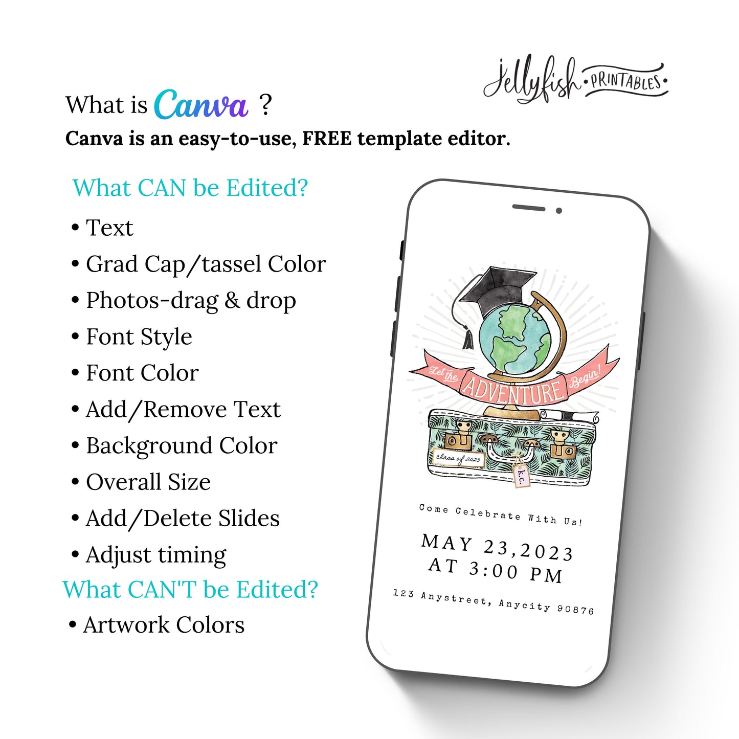 Adventure Awaits Animated Graduation Invitation Canva Template. Send Today!