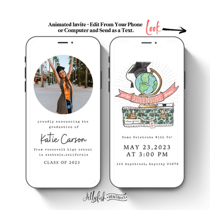 Adventure Awaits Animated Graduation Invitation Canva Template. Send Today!