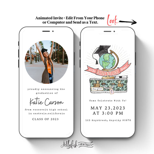 Adventure Awaits Animated Graduation Invitation Canva Template. Send Today!