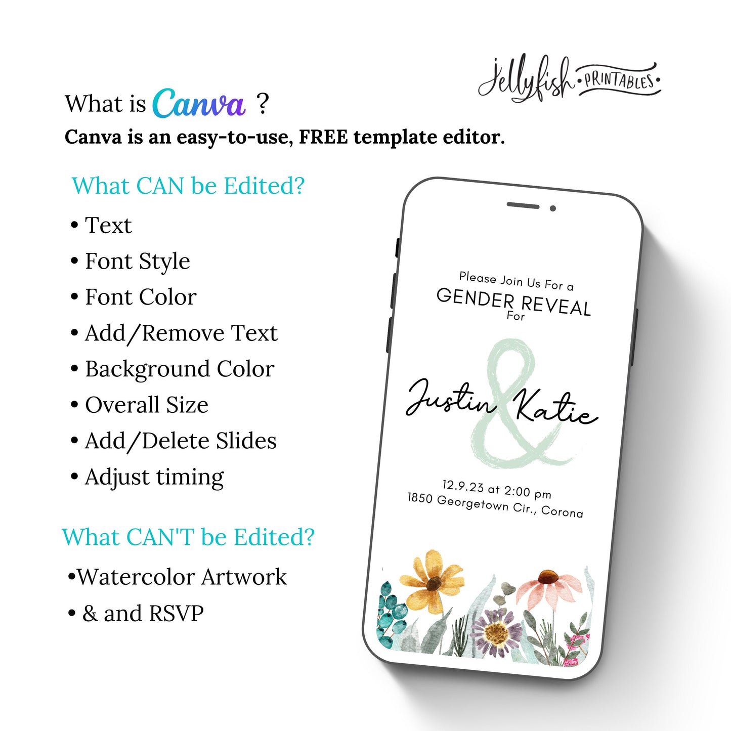 Animated Gender Reveal Invitation Canva Template with Wildflowers. Send Today!