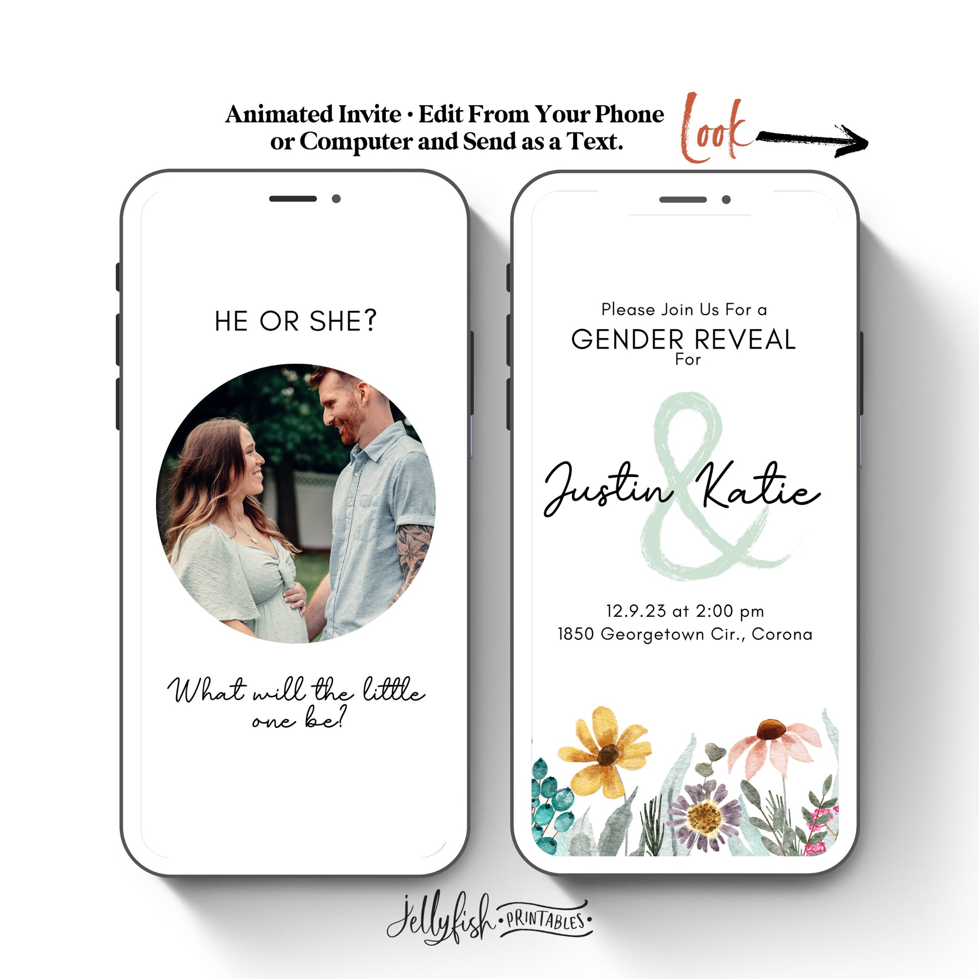 Animated Gender Reveal Invitation Canva Template with Wildflowers. Send Today!