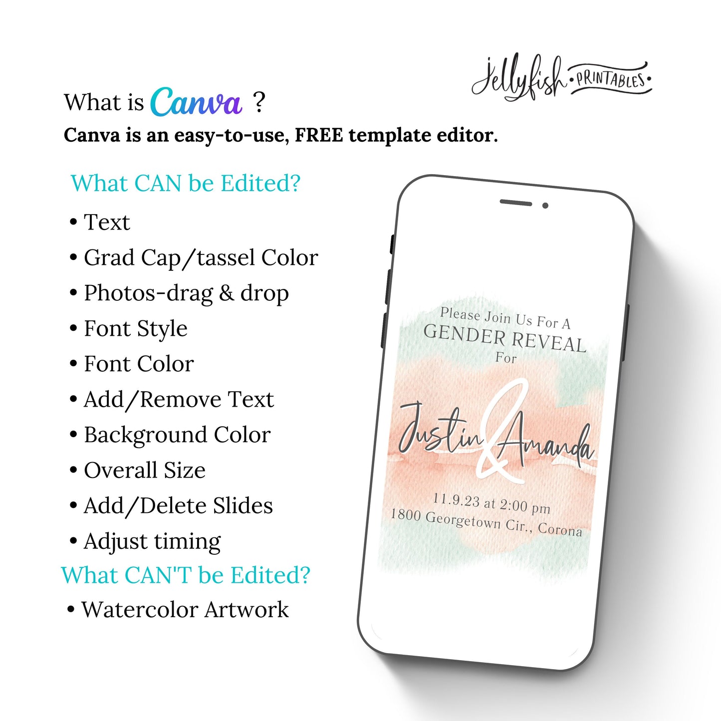 Animated Gender Reveal Invitation Canva Template in Peach and Green. Send Today
