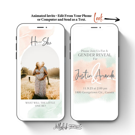 Animated Gender Reveal Invitation Canva Template in Peach and Green. Send Today