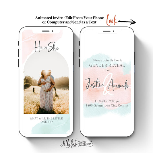 Animated Gender Reveal Invitation Canva Template in Pink and Blue. Send Today
