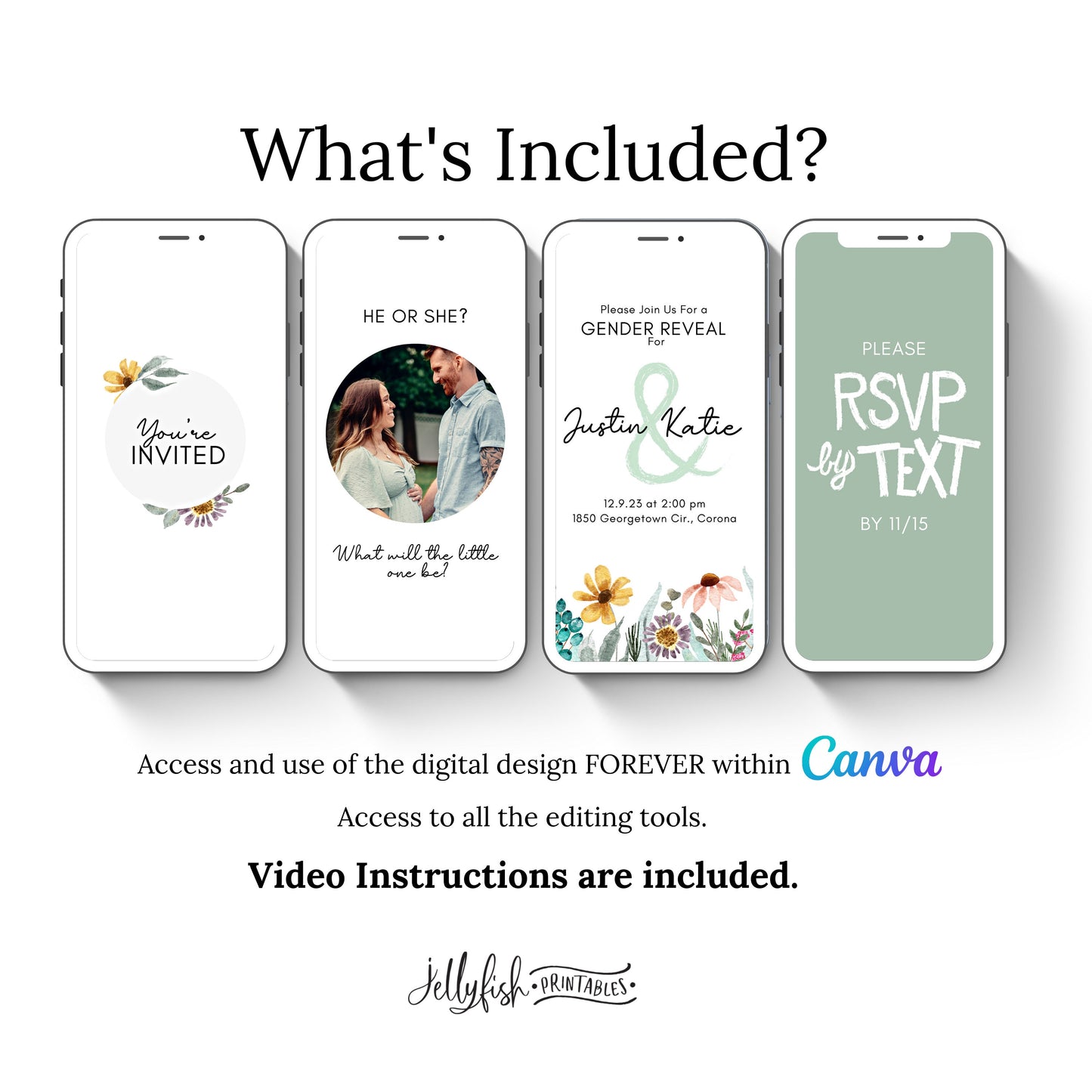 Animated Gender Reveal Invitation Canva Template with Wildflowers. Send Today!