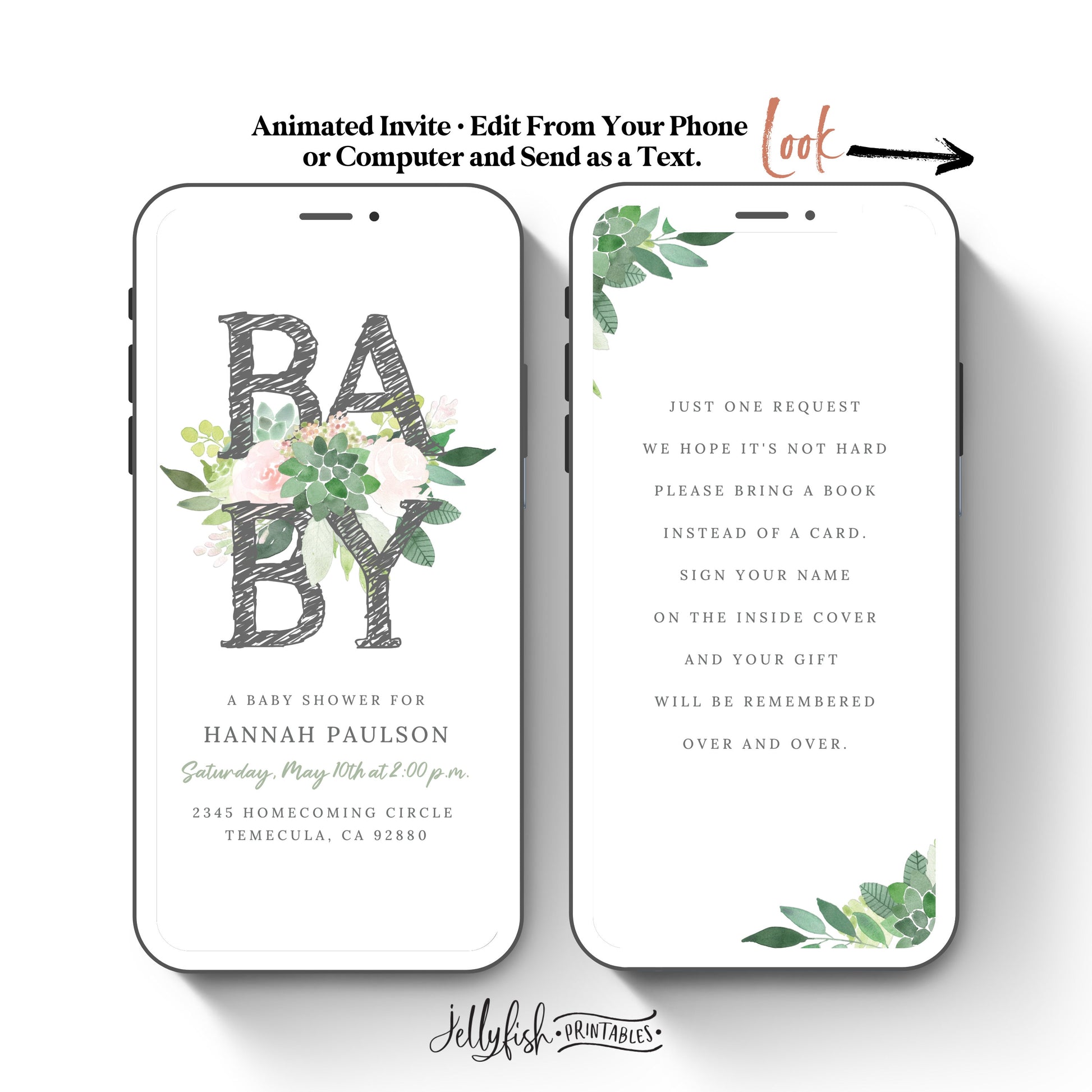 Succulents Baby Shower Video Invitation Canva Template. Send Today!
