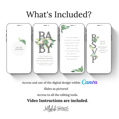 Succulent Baby Shower Invitation | Animated Video Canva Template | Greenery Baby Invite | Text or Email Digital Download