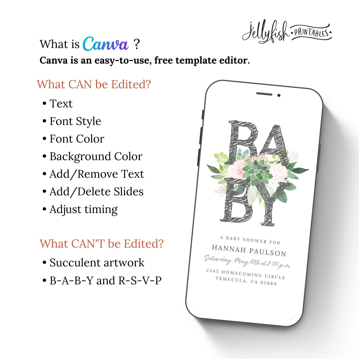 Succulents Baby Shower Video Invitation Canva Template. Send Today!