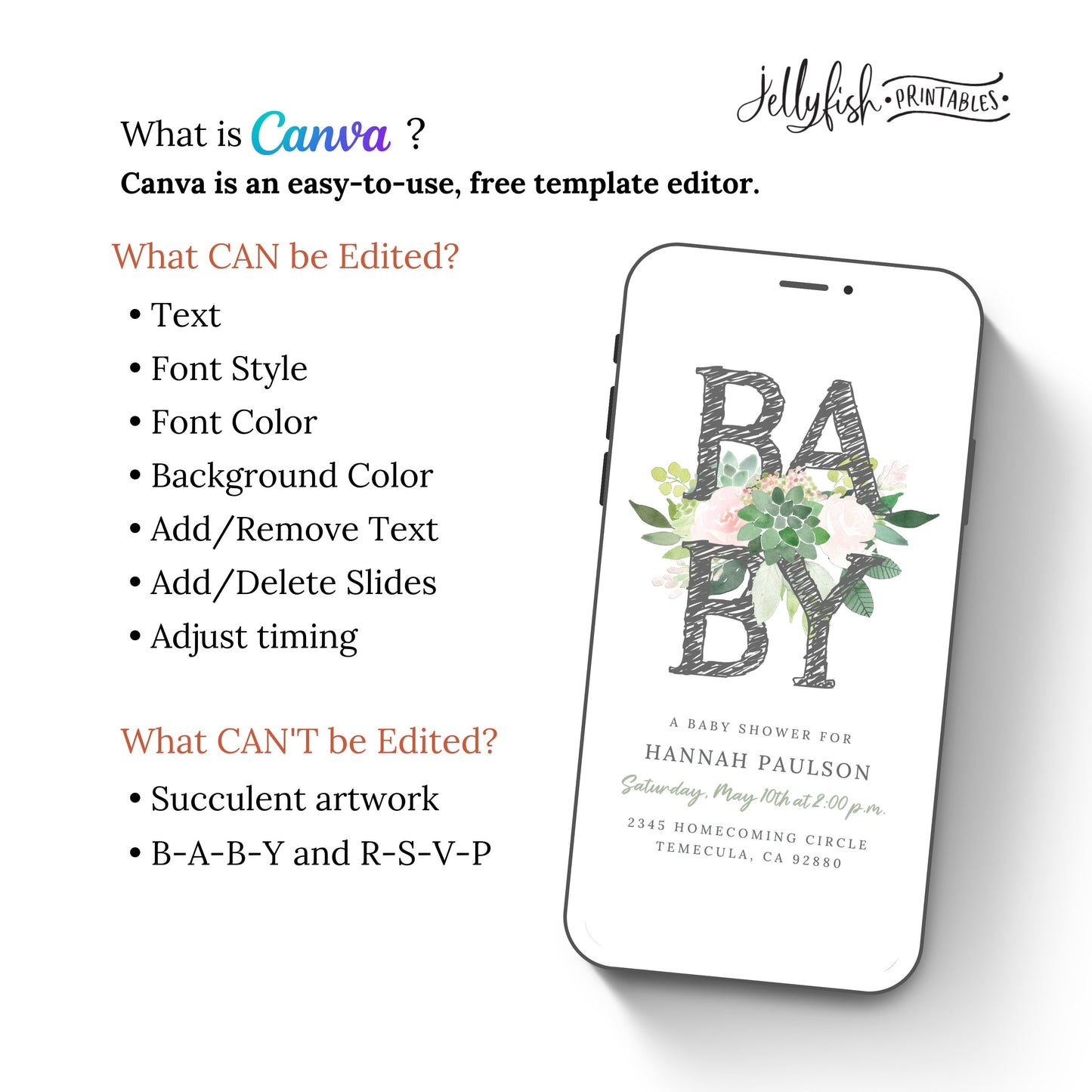 Succulent Baby Shower Invitation | Animated Video Canva Template | Greenery Baby Invite | Text or Email Digital Download