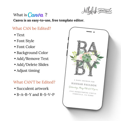 Succulent Baby Shower Invitation | Animated Video Canva Template | Greenery Baby Invite | Text or Email Digital Download